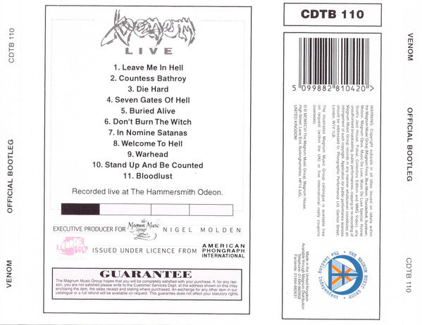 VENOM – Live : Official Bootleg CD OG 1996